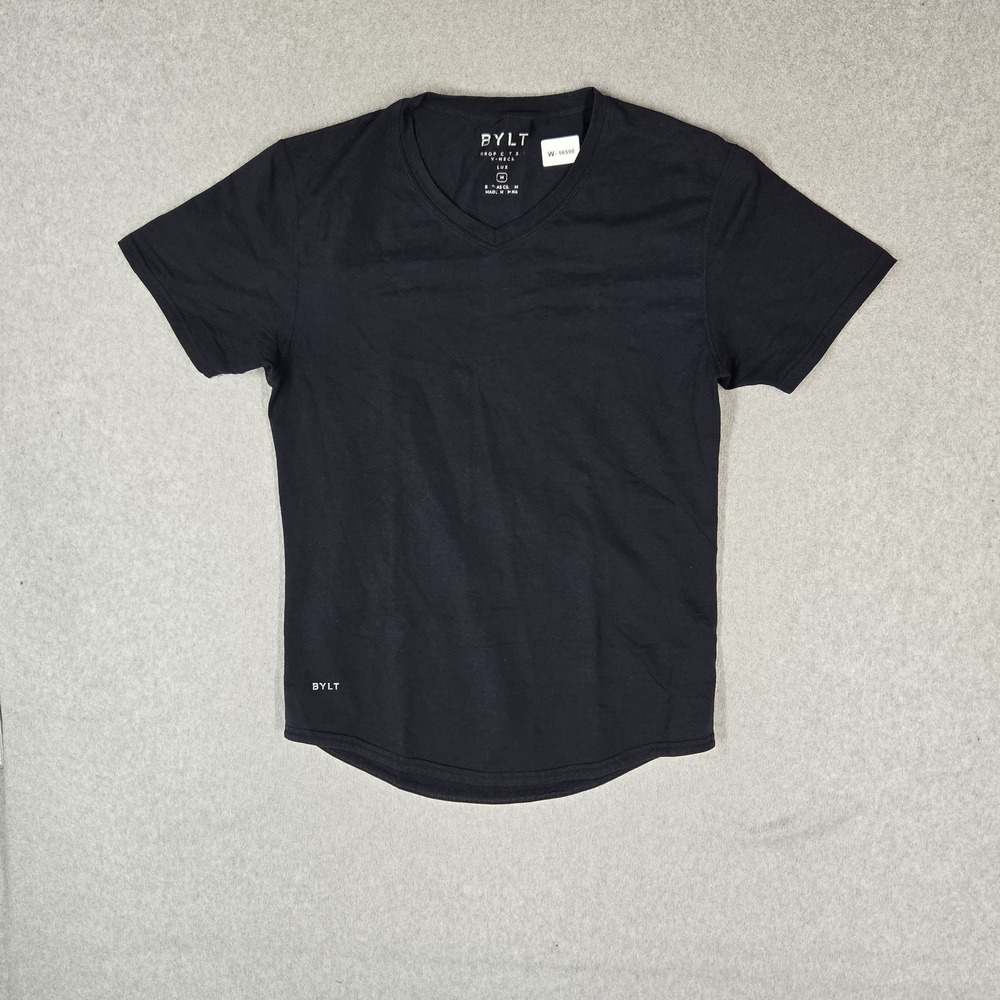 BYLT Men Shirt M Black LUX Drop-Cut V-Neck Logo Short Sleeve Drop Cut
